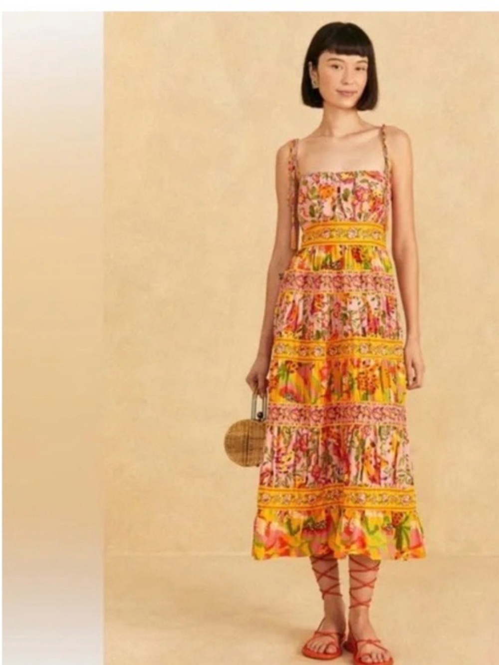 FARM Rio Yellow & Pink Printed Tiered Midi Dress